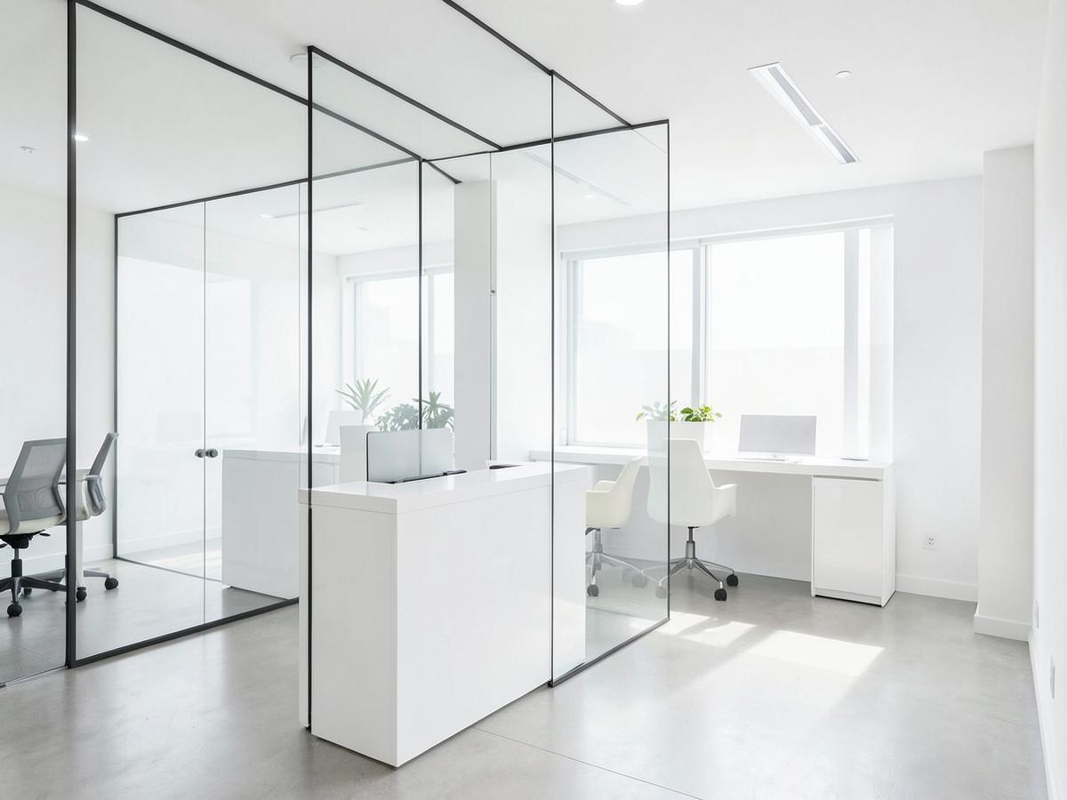 Bright professional office with clear glass partition walls and a reception area